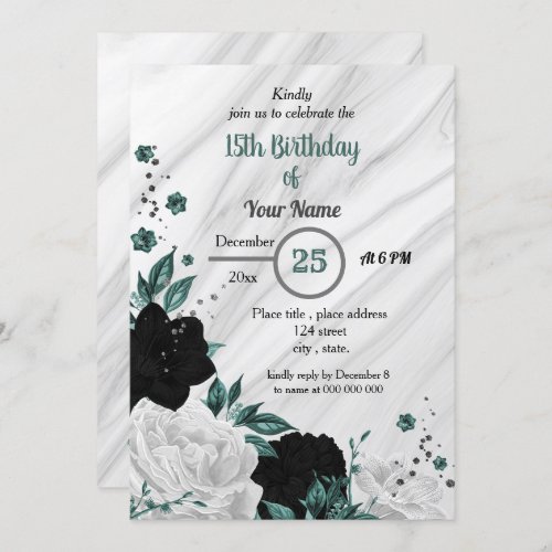 Black white  teal blue floral birthday party invitation