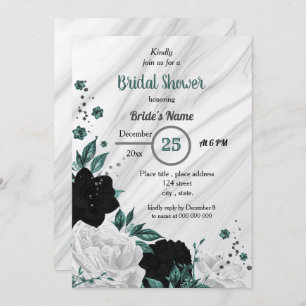 Black white & teal blue floral bridal shower invitation