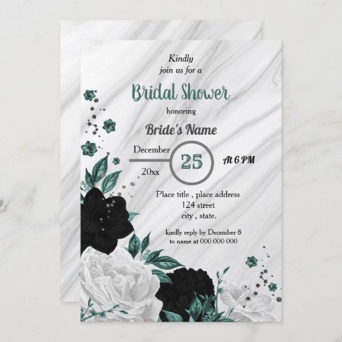 Black white  teal blue floral bridal shower invitation