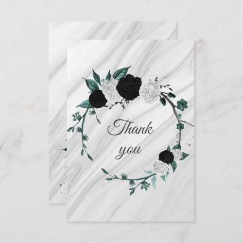 black white teal blue flowers botanical marble thank you card