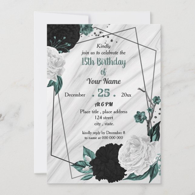 Black white teal blue geometric birthday party invitation (Front)