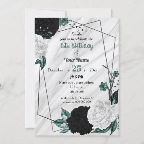 Black white teal blue geometric birthday party invitation