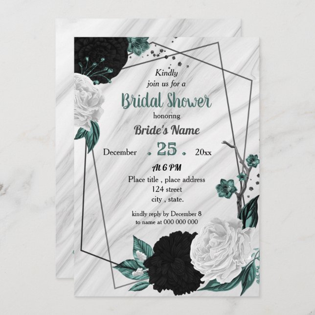 Black white teal blue geometric bridal shower invitation (Front/Back)