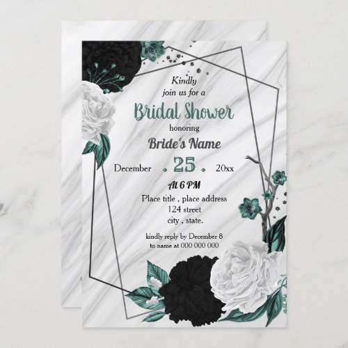 Black white teal blue geometric bridal shower invitation