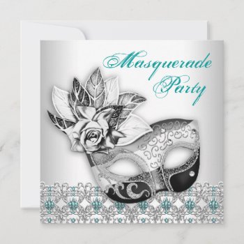 Black White Teal Blue Masquerade Party Invitations by Pure_Elegance at Zazzle