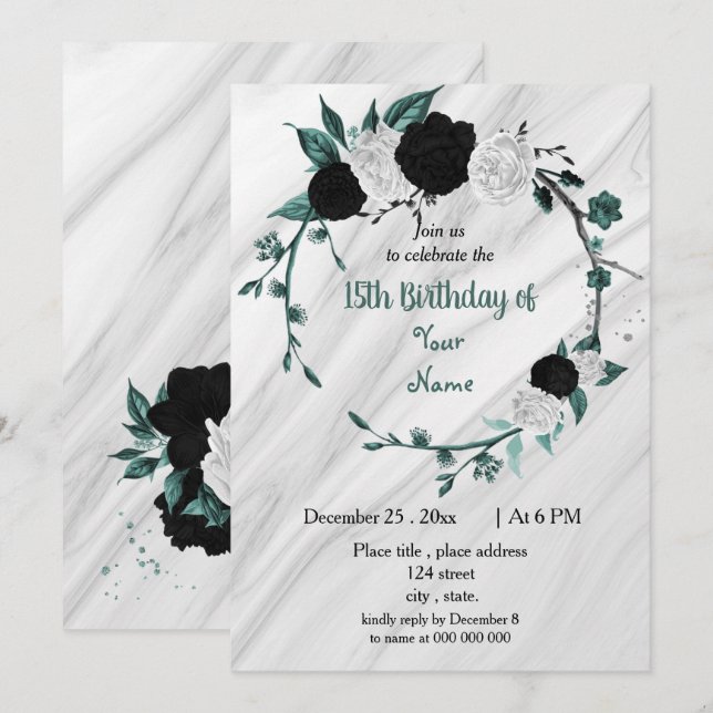 Black white teal blue wreath birthday party invitation (Front/Back)