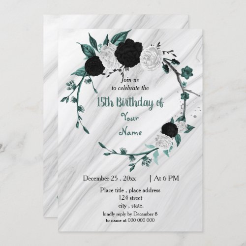 Black white teal blue wreath birthday party invitation