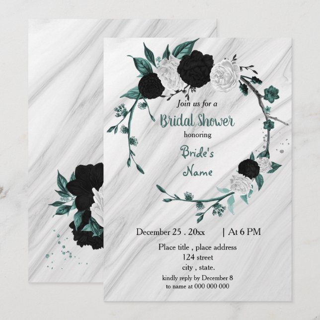 Black white teal blue wreath bridal shower invitation (Front/Back)