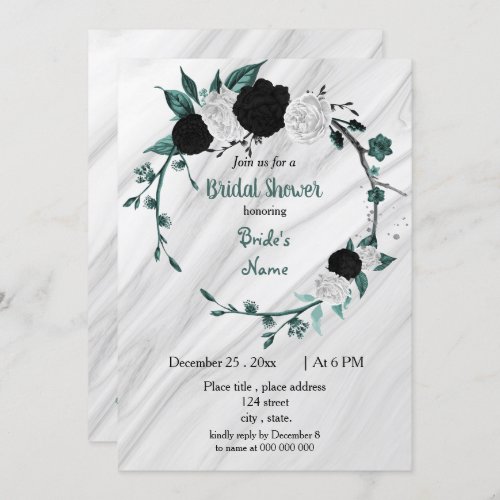 Black white teal blue wreath bridal shower invitation