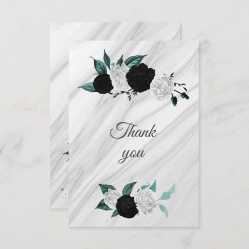 black white  teal botanical marble thank you card