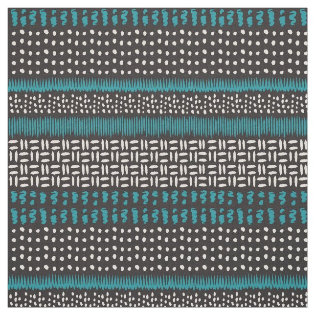 Black White Teal Dots Spots Zigzags Pattern  Fabric (Swatch)