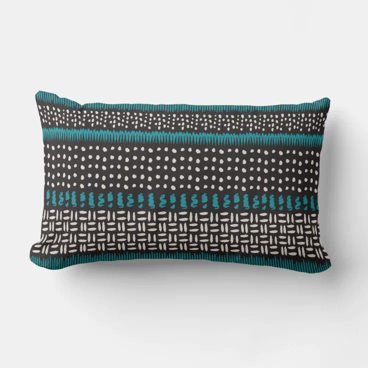 Black White Teal Dots Spots Zigzags Pattern Lumbar Pillow