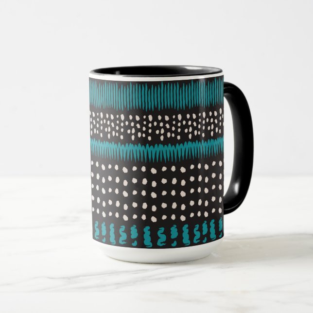 Black White Teal Dots Spots Zigzags Pattern   Mug (Front Right)