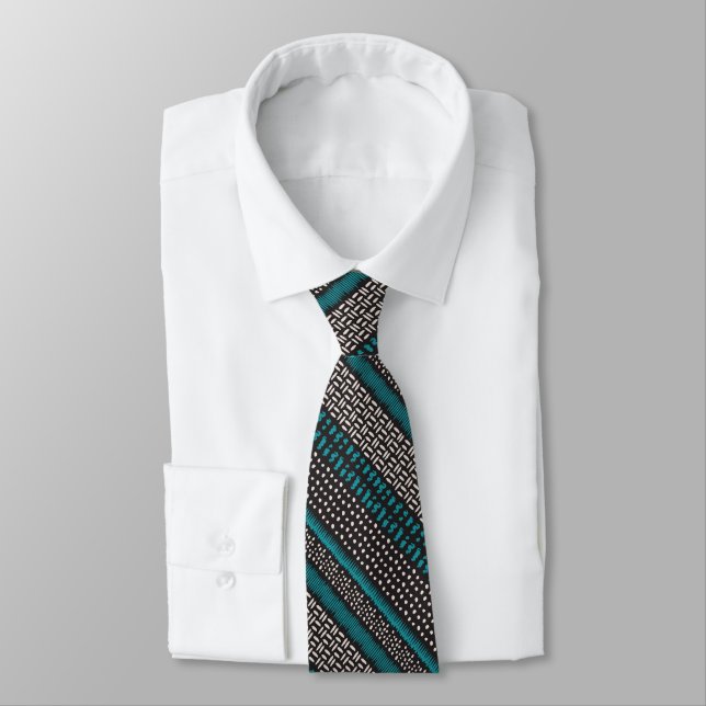 Black White Teal Dots Spots Zigzags Pattern Neck Tie (Tied)