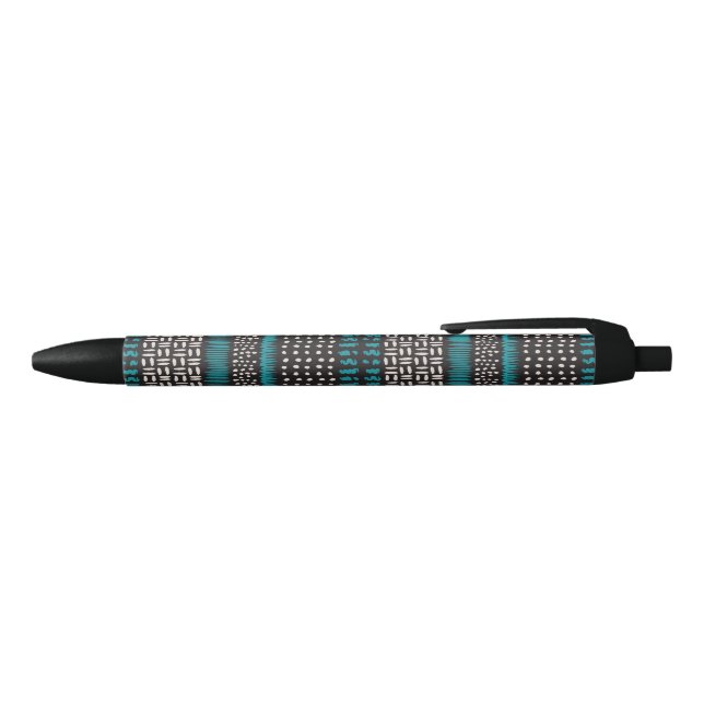Black White Teal Dots Spots Zigzags Pattern Pen (Top)