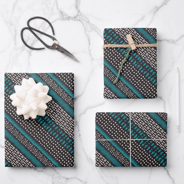Black White Teal Dots Spots Zigzags Pattern Wrapping Paper Sheets (Front)