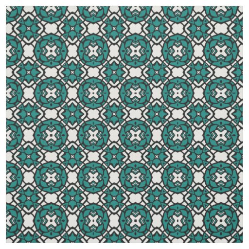 Black White Teal Ethnic Oriental Mosaic Pattern Fabric