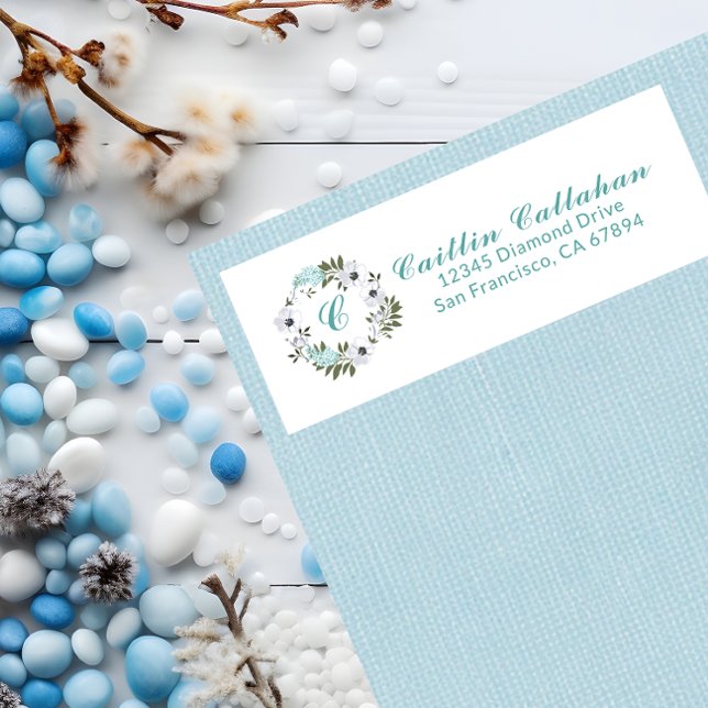 Black, White & Teal Floral Design Monogram Label (Creator Uploaded)