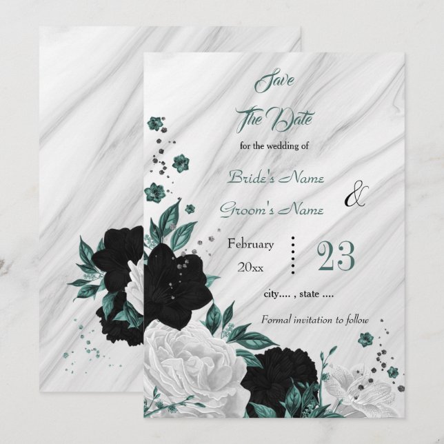 black white teal floral gray marble save the date (Front/Back)