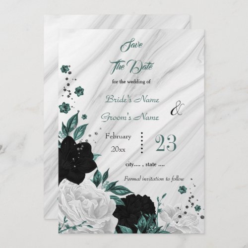 black white teal floral gray marble save the date