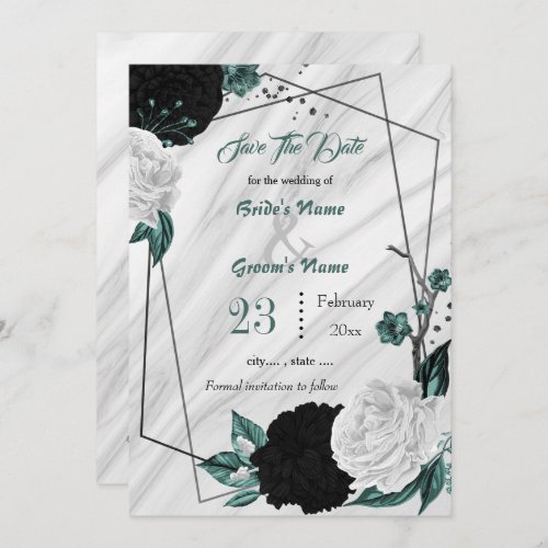 black white teal floral silver geometric marble  save the date