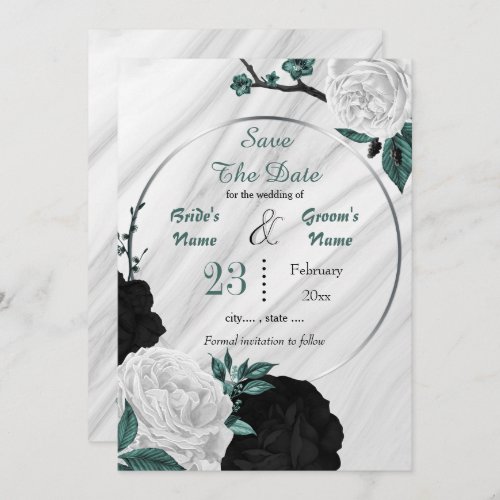 black white teal floral silver geometric marble save the date