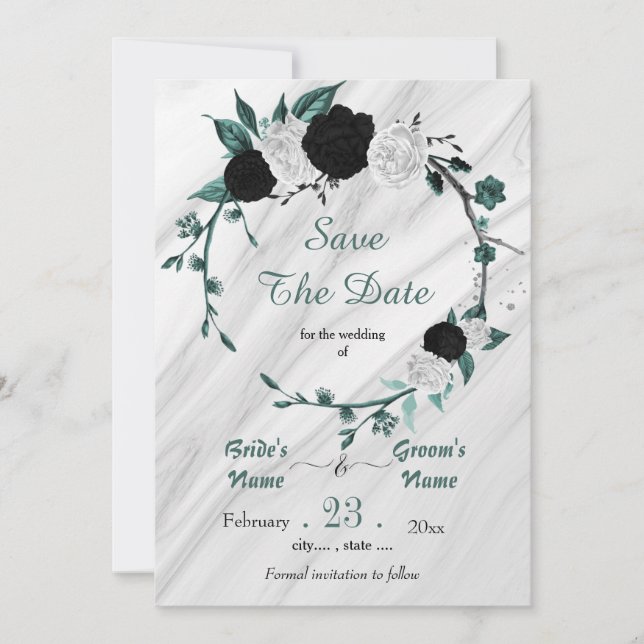 black white teal floral silver wreath marble save the date (Front)