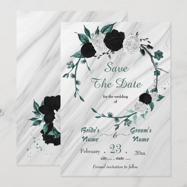 black white teal floral silver wreath marble save the date (Front/Back)