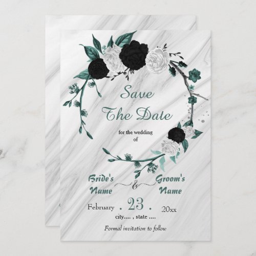 black white teal floral silver wreath marble save the date