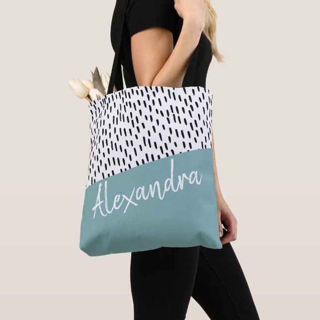 Black White Teal Green Modern Personalized Tote Bag (Close Up)