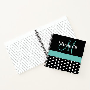 Black White Teal Green Monogram Script Polka Dots Notebook
