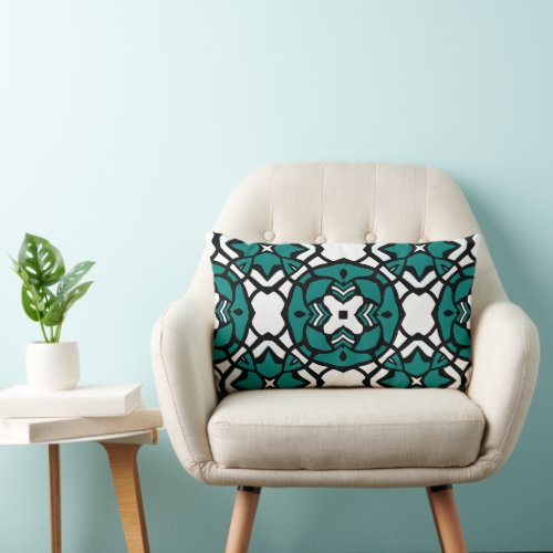 Black White Teal Green Oriental Mosaic Pattern Lumbar Pillow