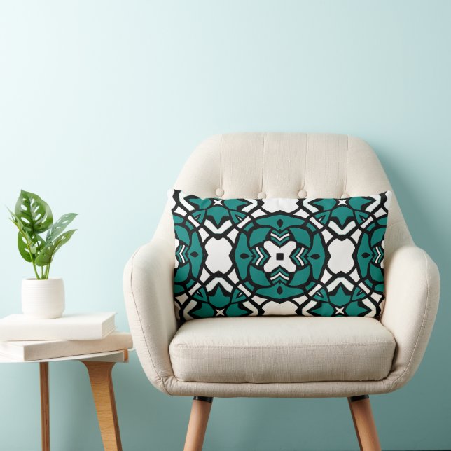 Black White Teal Green Oriental Mosaic Pattern Lumbar Pillow (Chair)