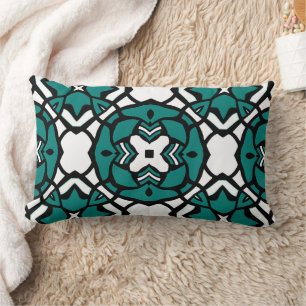 Black White Teal Green Oriental Mosaic Pattern Lumbar Pillow