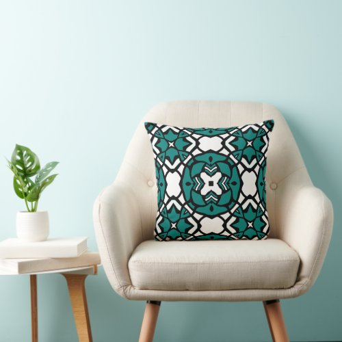 Black White Teal Green Oriental Mosaic Pattern Throw Pillow
