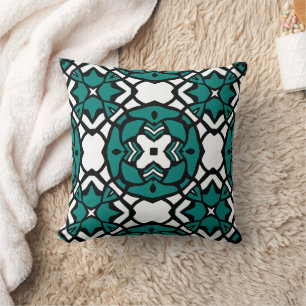 Black White Teal Green Oriental Mosaic Pattern Throw Pillow
