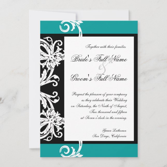 Black White Teal Heart Damask Wedding Invitations (Front)