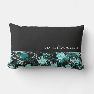 Black & White Teal Rose Pattern   Welcome   Script Lumbar Pillow