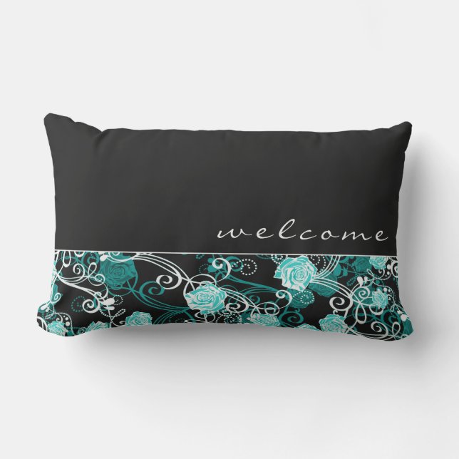 Black & White Teal Rose Pattern | Welcome | Script Lumbar Pillow (Front)