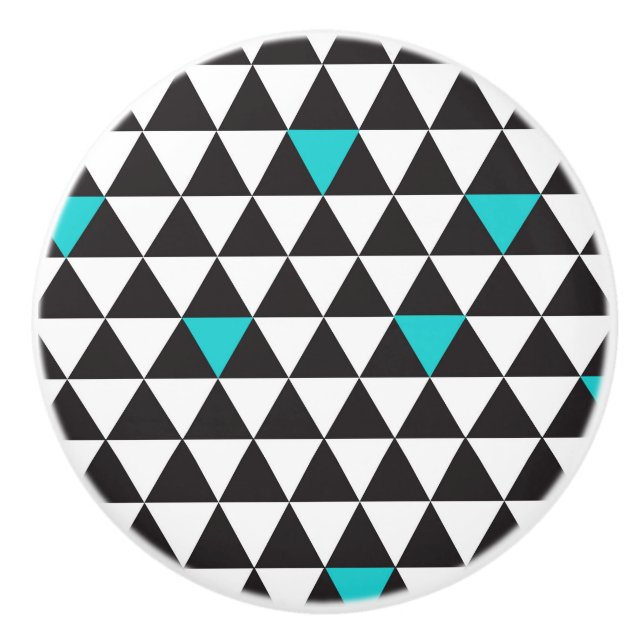 Black White Teal Turquoise Geometric Triangles Ceramic Knob (Front)