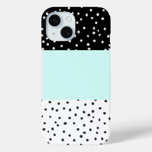 Black white teal watercolor polka dots pattern iPhone 15 case