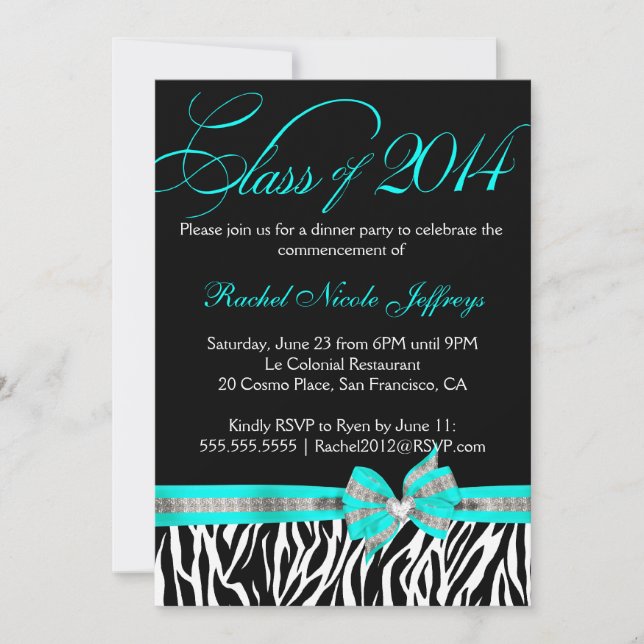 Black White Teal Zebra 2014 Graduation Invitation (Front)