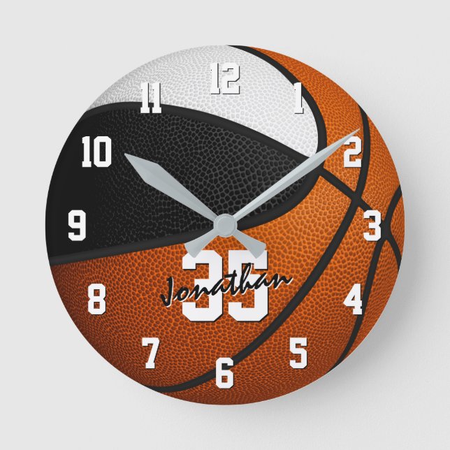 black white team colors basketball personalized round clock (Front)