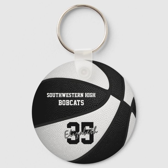 black white team colors girls boys basketball keychain (Front)