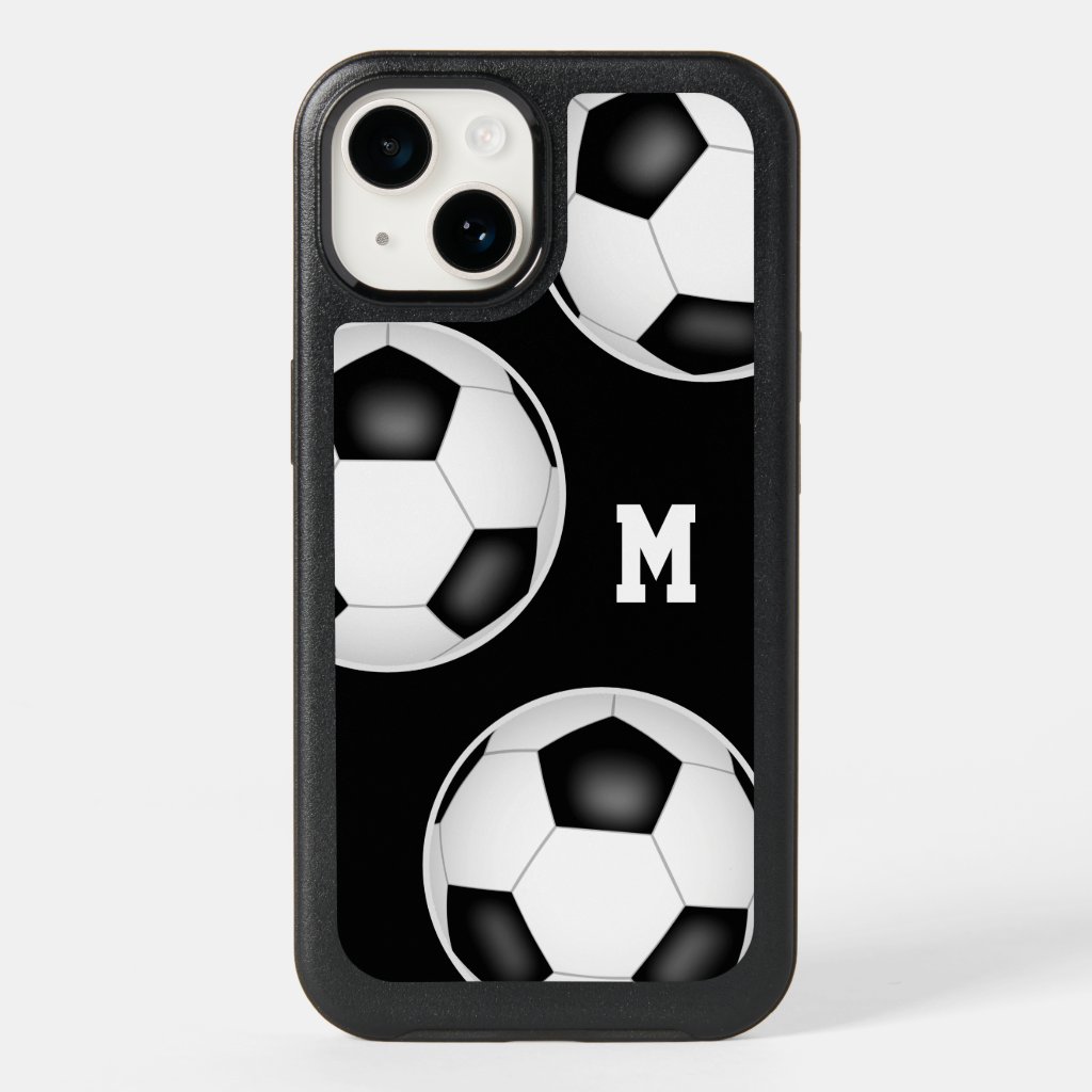 black white team colors soccer balls monogrammed OtterBox iPhone case
