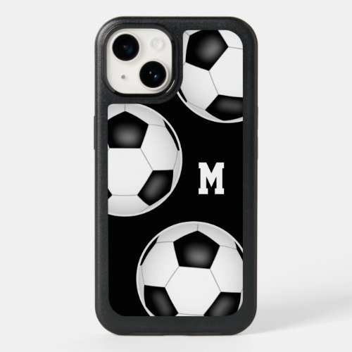 black white team colors soccer balls monogrammed OtterBox iPhone 14 case