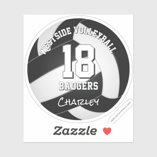 black white team colors volleyball player name sticker (Sheet)