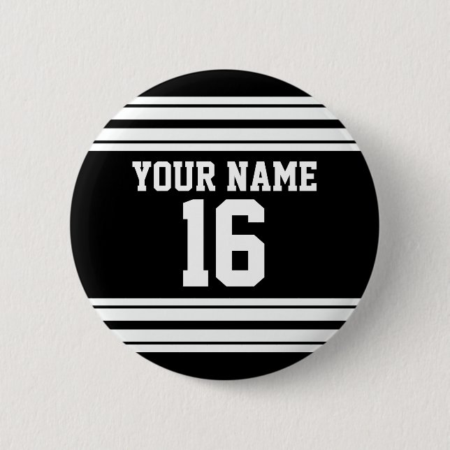 Black White Team Jersey Custom Number Name Pinback Button (Front)