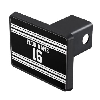 Black White Team Jersey Custom Number Name Tow Hitch Cover by FantabulousSports at Zazzle