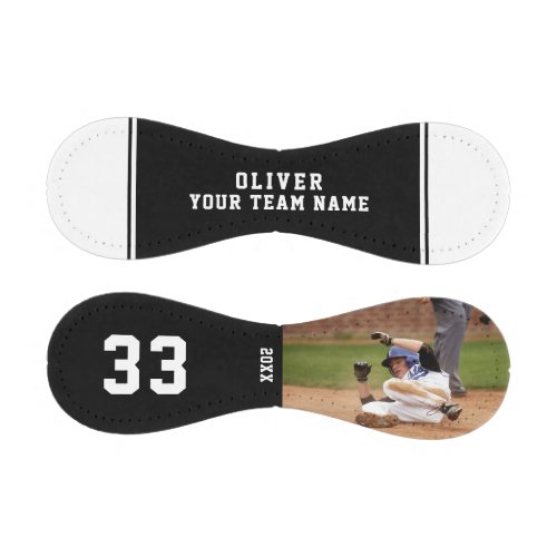 Black White Team Name Player Number Name Photo  Baseball - Custom Black and White Team Name Player Number Name Photo Baseball. Black background with white stripes. You can change any text on the baseball or erase it. A perfect gift for a baseball player, teammates, coach, your friends and family. Personalize it with your photo, name, team name and the year. Great keepsake to remember your favorite sport.